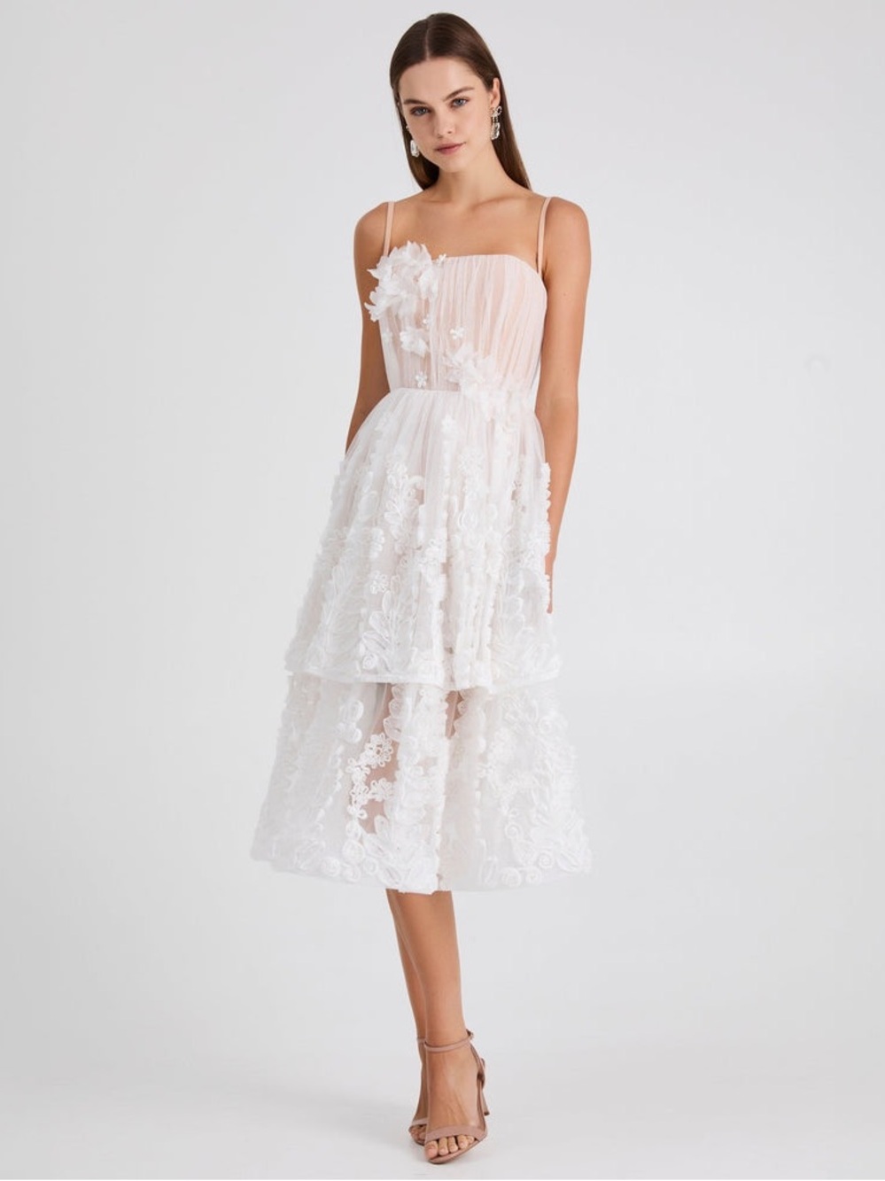 Helsi Juliette strapless 3D floral appliqué White Tiered Midi Dress  Size XS - Picture 4 of 11